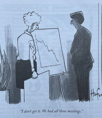 cartoon of businesswoman and man looking at downward trend graph on whiteboard