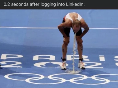 Man vomiting on Olympic track with LinkedIn caption