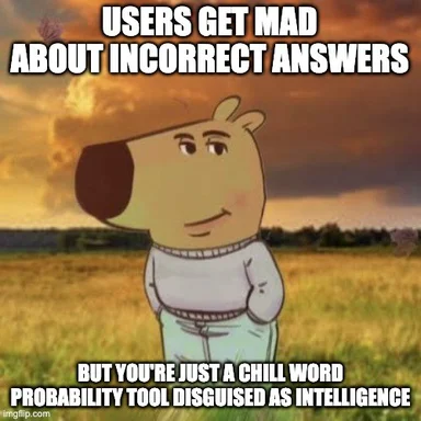 Cartoon dog in a field with text about AI and user reactions