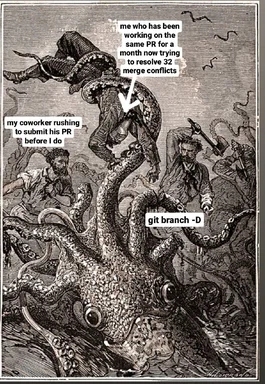A developer struggles with merge conflicts while a coworker rushes to submit their pull request