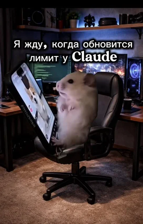 hamster sitting on office chair looking at monitor with russian text about claude