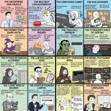Meme depicting 16 different developer archetypes related to AI usage