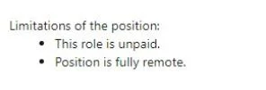 Text image listing job limitations: unpaid role and fully remote position