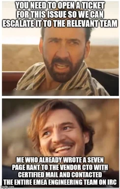 Two men smiling and reacting to a conversation about escalating an issue to a relevant team
