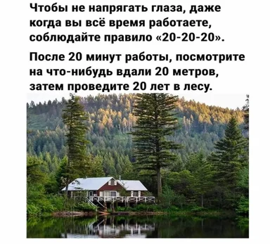a cabin on a lake shore with trees in the background and a humorous text about 20-20-20 rule