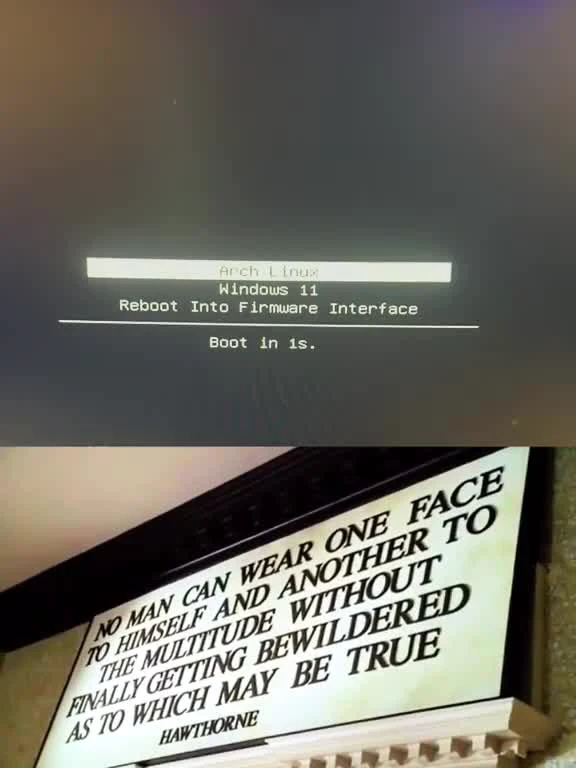 Split screen image showing an Arch Linux boot menu and a framed quote by Hawthorne