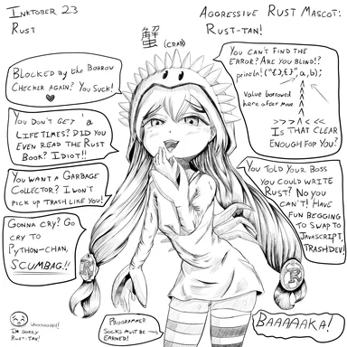 Aggressive Rust mascot Rust-tan scolding someone
