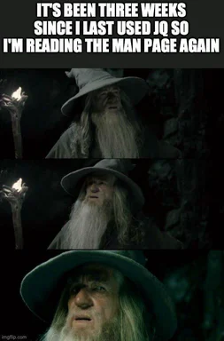 Gandalf looking confused, with text 'IT'S BEEN THREE WEEKS SINCE I LAST USED JQ SO I'M READING THE MAN PAGE AGAIN'
