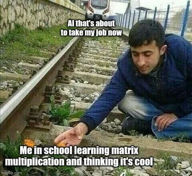 Man crouching by train tracks, reaching for a cactus with a caption about AI taking jobs and learning matrix multiplication