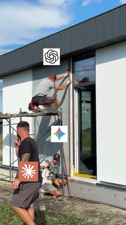 Construction workers on a building with OpenAI, Google Gemini, and Anthropic Claude logos overlaid at different heights