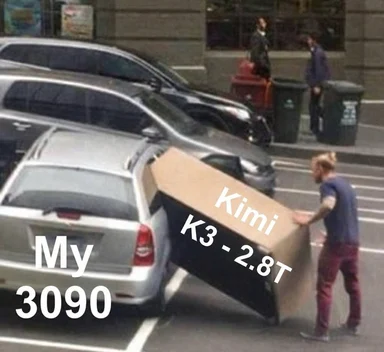 A man struggling to fit a huge box labeled 'Kimi K3 - 2.8T' into the trunk of a car labeled 'My 3090'.