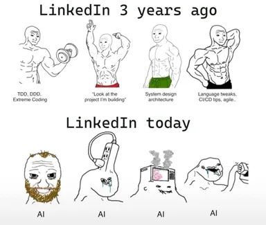 LinkedIn meme comparing developer skills 3 years ago to today with AI