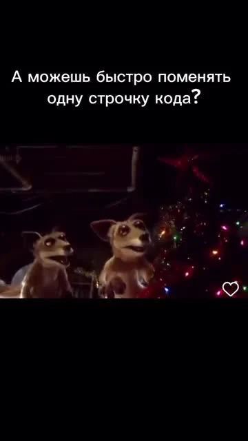 Two cartoon reindeer by a Christmas tree with a caption about changing a line of code
