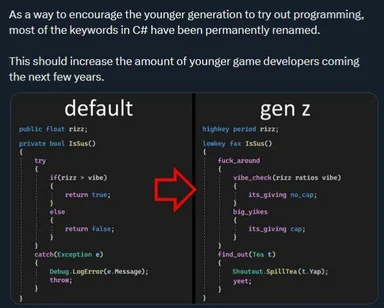 C# code comparison with Gen Z slang