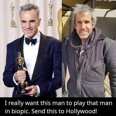 Split image comparing Chris Pine holding an Oscar with Daniel Kahneman in a jacket, with text suggesting a biopic casting.