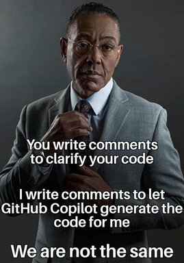 a man in a suit with text about writing comments in code