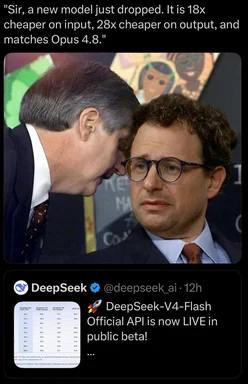 Meme showing a whispering scene with text about DeepSeek V4-Flash being cheaper than Opus 4.8, below a DeepSeek tweet.