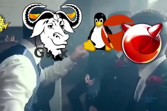 Linux penguin, GNU goat, and Firefox fox mascots in a humorous interaction