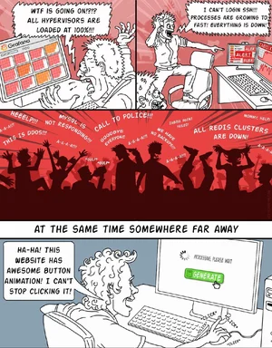 Comic strip depicting IT crisis and button clicker