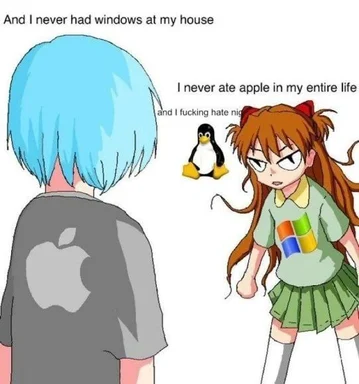 Cartoon characters representing Apple and Microsoft discussing tech brand loyalty