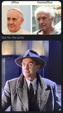 Pope and disheveled old man looking surprised with a third man in a coat and hat looking smug