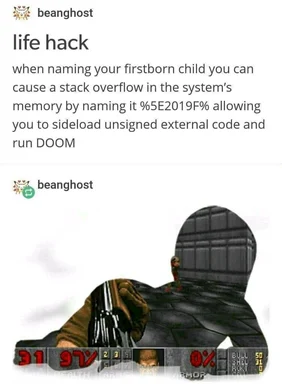 a screenshot of a DOOM game with a humorous caption about naming a child to cause a stack overflow