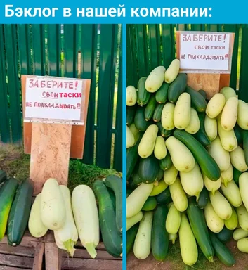 Cucumbers with a sign that says 'Pick up your tasks! Don't pile up!'