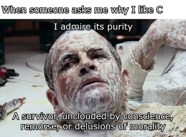 programmer covered in white powder with a smug expression