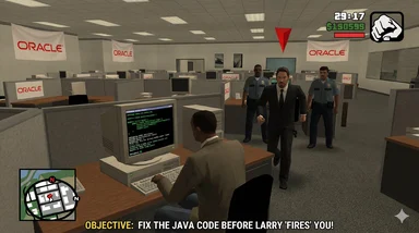 Cartoon programmer working at Oracle office while police officers and a suited man approach