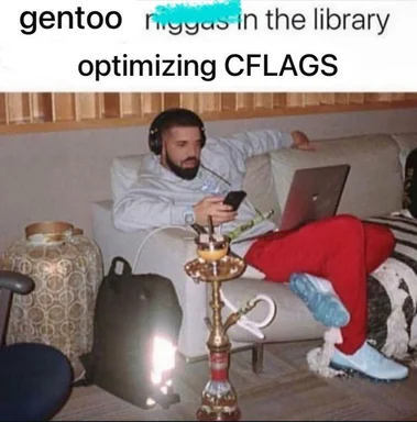 Man relaxing on a couch with a laptop and hookah, implying optimization of CFLAGS in a Gentoo Linux context.
