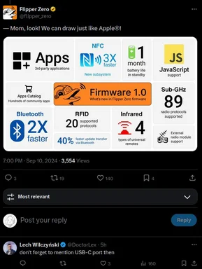 Flipper Zero tweet displaying a mock specification sheet with icons for JavaScript, NFC, and Bluetooth, parodying Apple's presentation style.