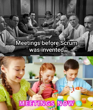 a black and white photo of businessmen in a meeting and a color photo of children painting