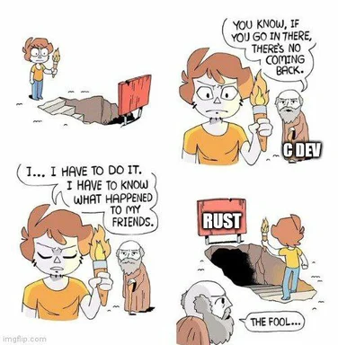 cartoon developer investigating rust programming language
