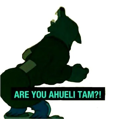 Dark silhouette of a bear or dog with a text overlay reading 'ARE YOU AHUELI TAM?!'