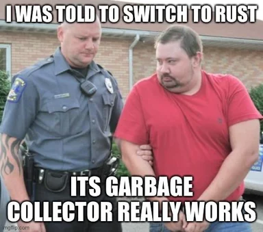 humorous image of a man being led away in handcuffs with a police officer and text about Rust programming language