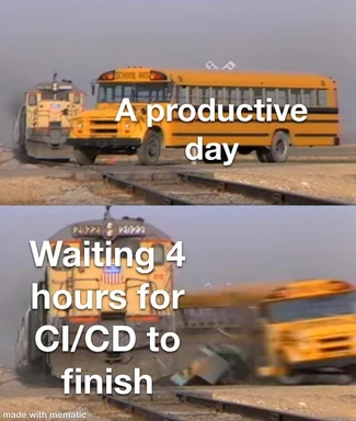 meme image of two school buses on train tracks with text about productivity and waiting for CI/CD to finish