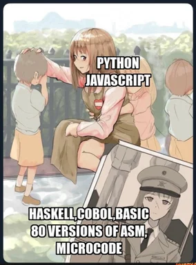 Anime illustration of a woman gently patting a child's head labeled Python JavaScript, contrasted with a stern uniformed