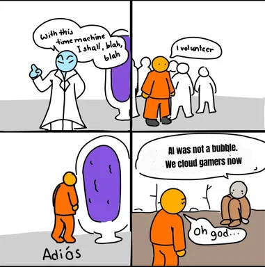A comic strip showing a scientist with a time machine, a volunteer entering it, and the future where a character says 'AI was not a bubble. We cloud gamers now' while another looks on in horror.