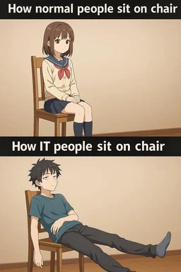 Anime comparison meme showing a girl sitting properly on a chair versus a slouching IT guy sprawled out.