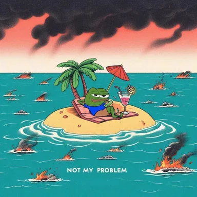 Pepe the Frog on a tropical island with a cocktail, surrounded by burning sea and rocks, with the text 'NOT MY PROBLEM'