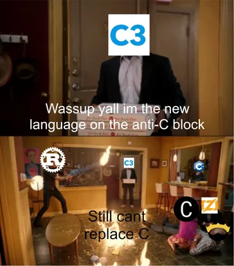 C3 meme with a man holding pizza boxes and a chaotic scene