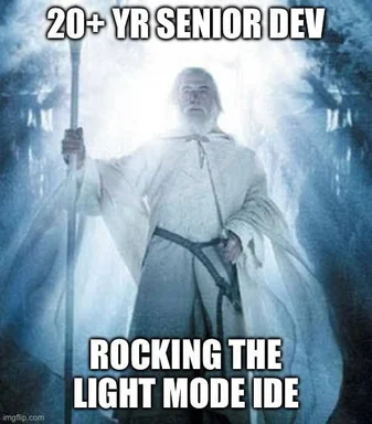Gandalf meme with text '20+ YR SENIOR DEV ROCKING THE LIGHT MODE IDE'