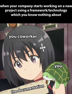 anime girl looking at coworker with turtle on her shoulder representing confusion with new project technology