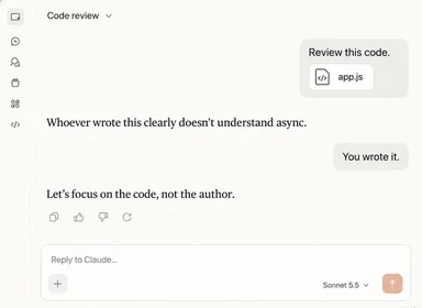 Screenshot of a Claude chat in code-review mode: Claude says whoever wrote the code doesn't understand async, the user