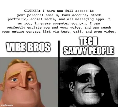 Meme comparing Vibe Bros and Tech Savvy People reactions to an AI gaining total access to your digital life.