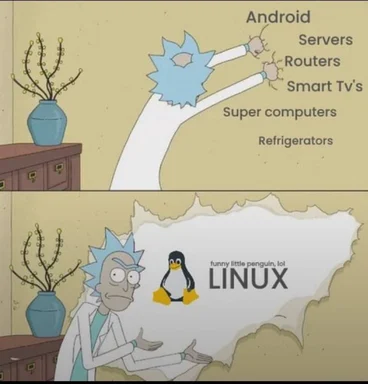 Rick Sanchez points to various devices and then reveals a large Linux logo