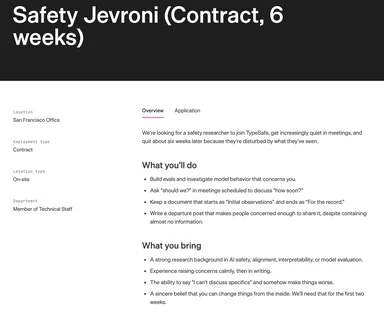 Screenshot of a satirical job posting titled Safety Jevroni (Contract, 6 weeks) for a quiet AI safety researcher role at