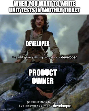 Lord of the Rings meme of developer and product owner discussing unit tests