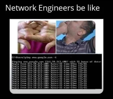 Meme featuring the 'Network Engineers be like' text, a hand gesture, a confused man, and a command prompt running a continuous ping to google.com.