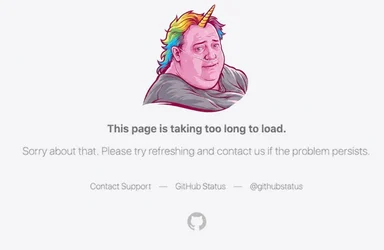 Illustration of a sad unicorn character above a GitHub error message saying the page is taking too long to load